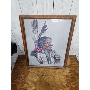 1970's Bob Dale Black Bear Sioux color Print Native American Indian 12x15 framed